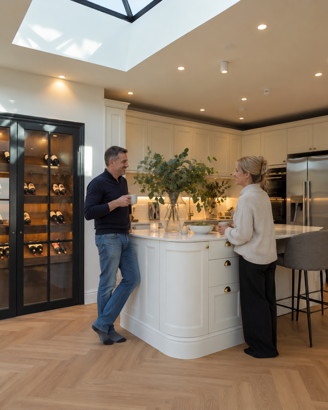 Middle-aged couple chatting over cups of tea beside a kitchen island in a bright, modern home with a skylight, white cabinetry and herringbone wood flooring.